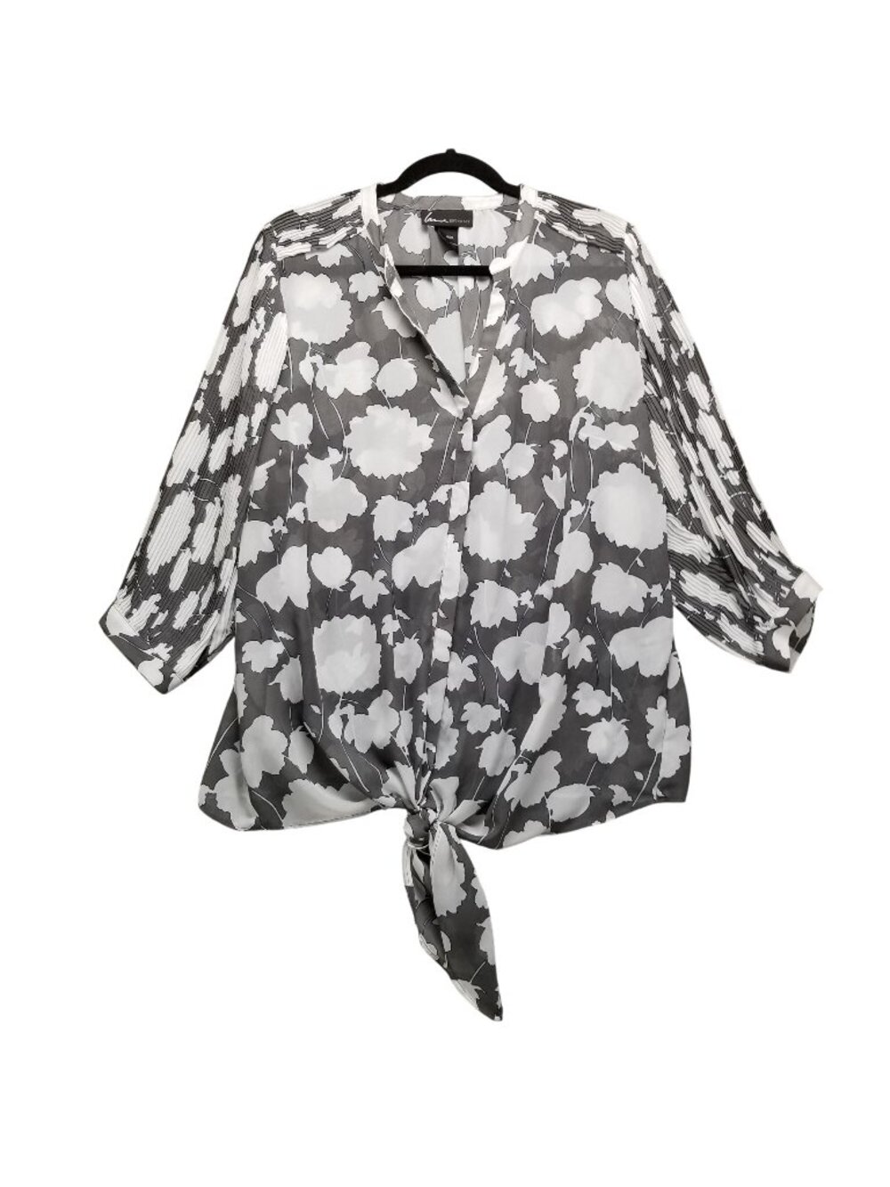 Lane Bryant Shirt Womens 18 Gray Floral Sheer Tie Front Button Up Blouse